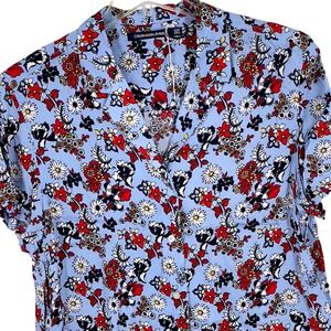 Calvin Klein Jeans Womens Floral‎ Blue Red Shirt Button Down Short Sleeve XL